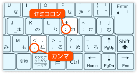セミコロンとカンマのキー