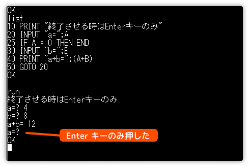 変数aの入力で Enterキーのみ押す