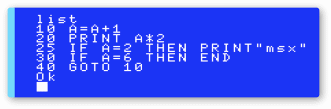 2,4,msx,6,8,10,12と表示するプログラム