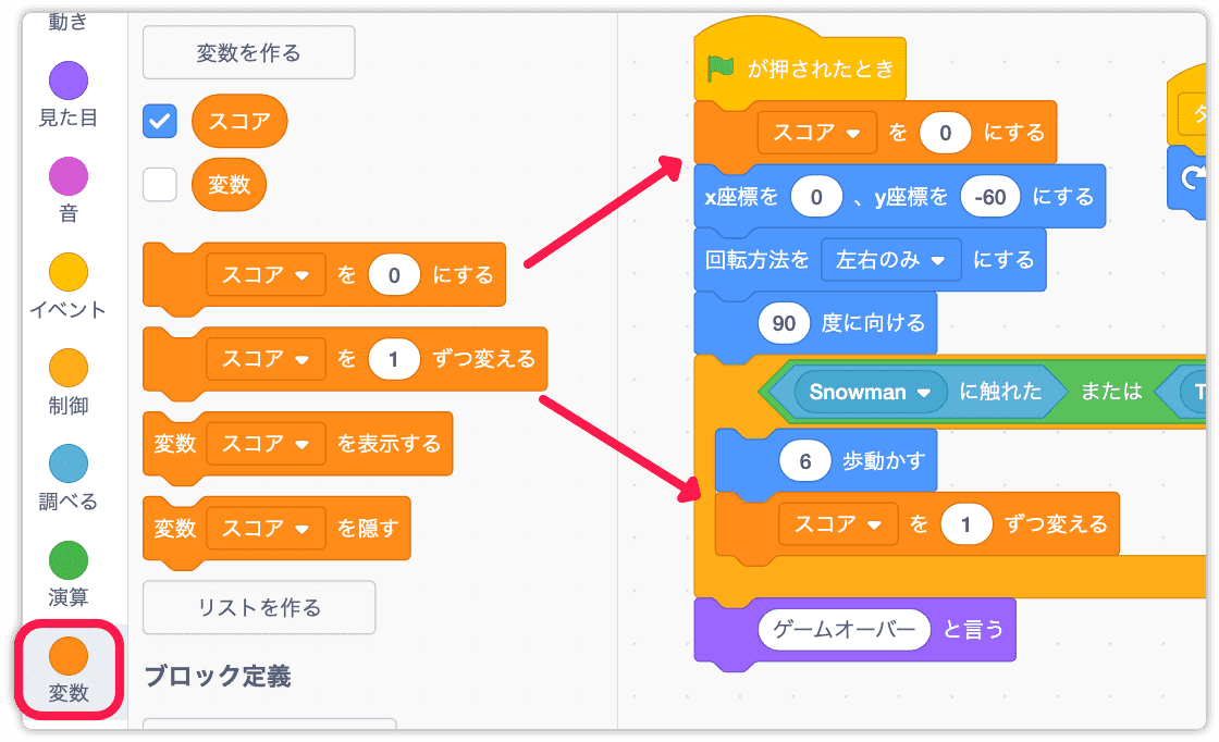 変数の初期クリアと加算処理を入れる