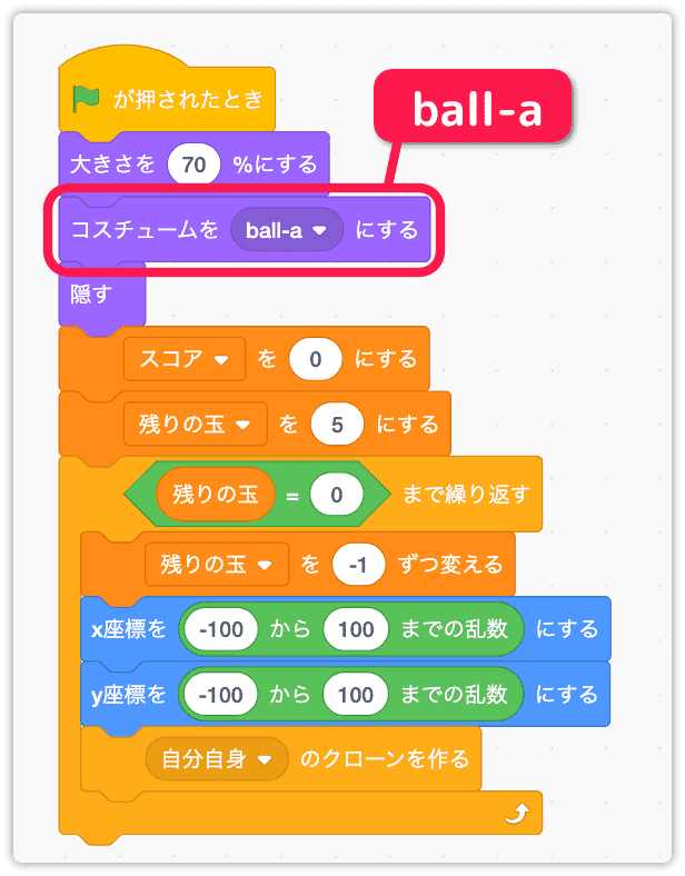 初期化として黄色い玉にする