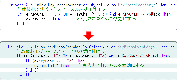 vb マイナスの入力もできるようにする