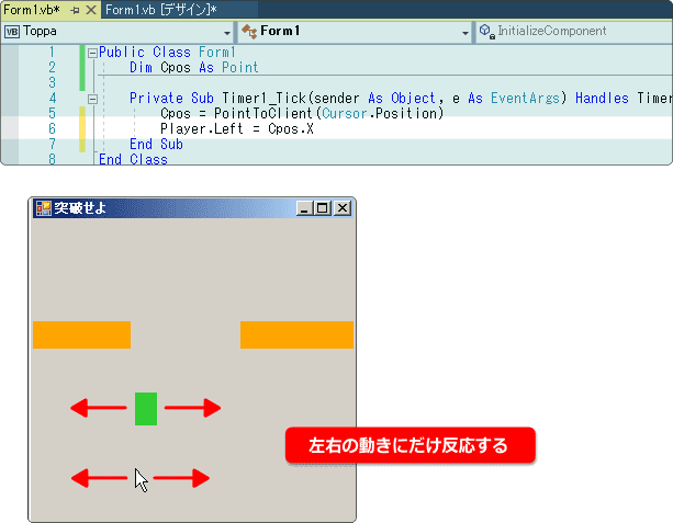 vb 左右の動き ｘ座標の動き