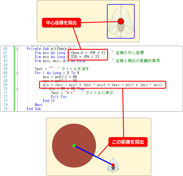 ２点間の距離で当たり判定をする