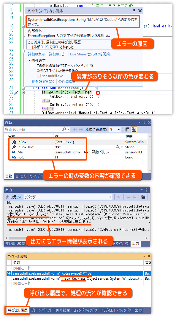 エラーの状況を確認するために見る所