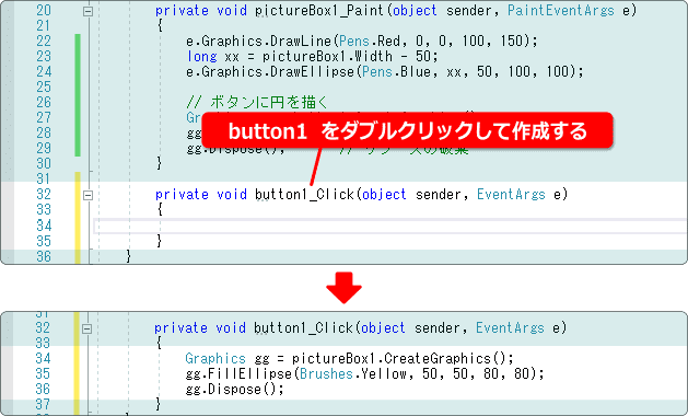 ボタンが押されたとき絵を描く