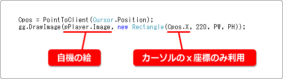 カーソルのｘ座標を使って自機を左右に動かす