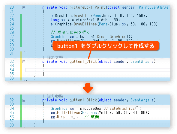 ボタンが押されたとき絵を描く