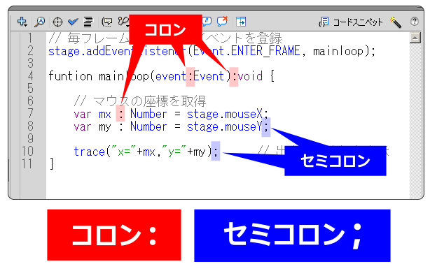 flash コロンとセミコロン