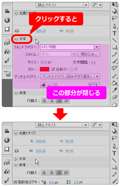 flash プロパティでの項目の開閉