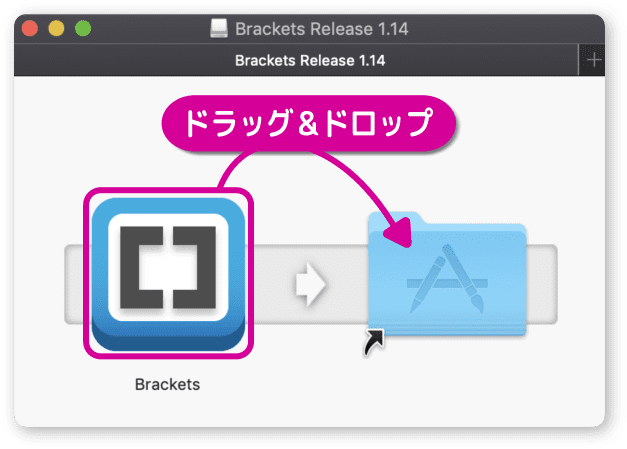 bracketsアイコンをアプリケーションフォルダにドラッグ＆ドロップ